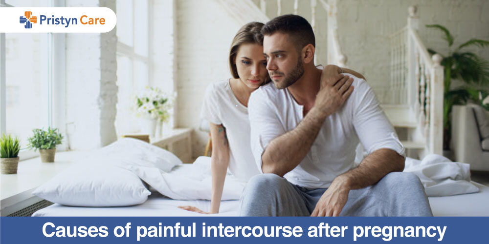 Upset couple facing the problem of painful intercourse after pregnancy 